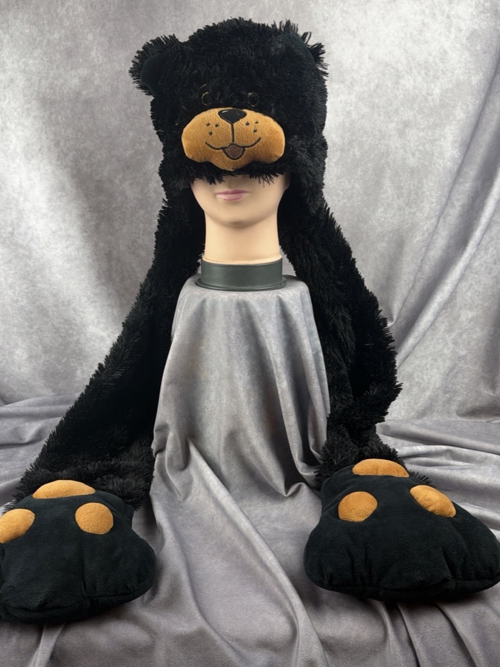 Black Bear Plush Hooded Animal Hat Long Paw Hand Warmers Canada Maple Leaf